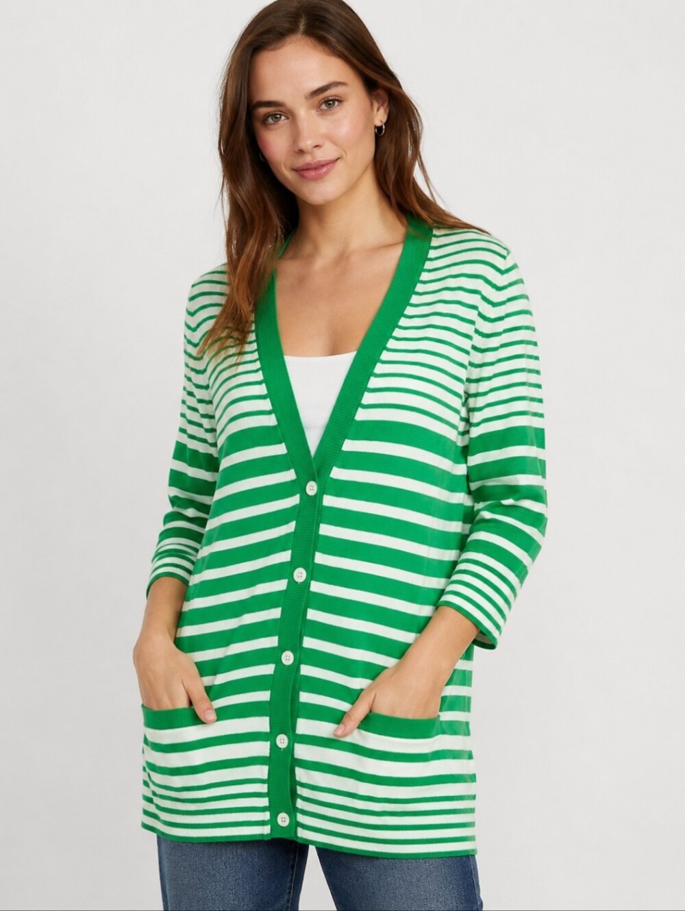 Gap Green & White Striped Deep V-Neck Cardigan Sweater With Pockets Size Med